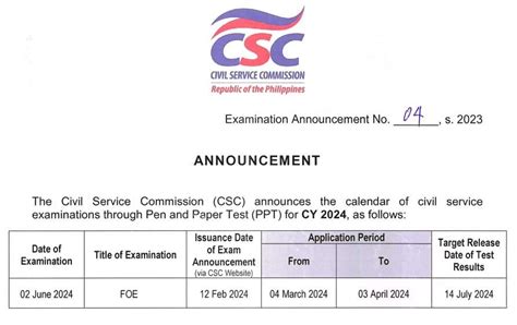 foe exam 2024|Examination Announcement No. 01 s. 2024 .